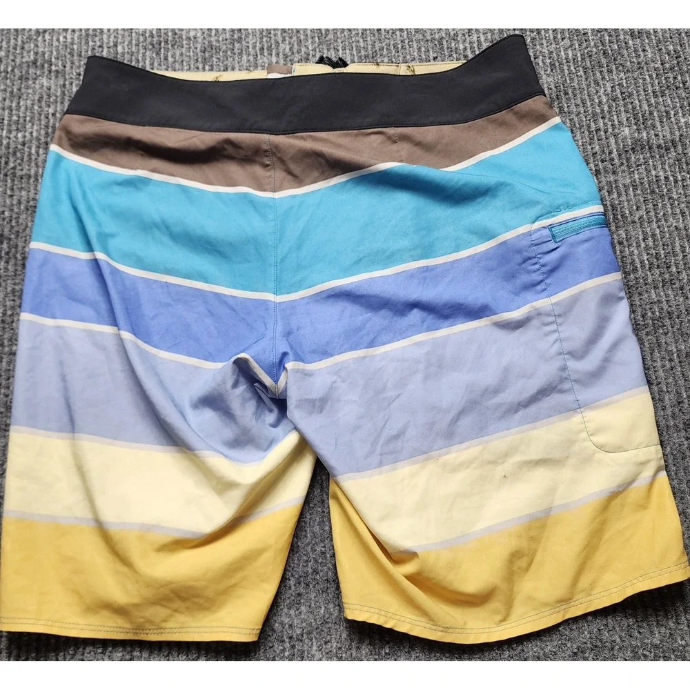 Patagonia Mens Board Shorts Size 30 Blue Yellow Striped Swim Trunks Surf‎